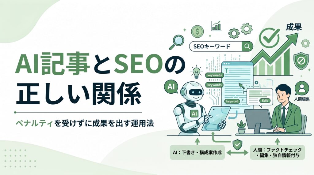 AI記事SEO対策：AIツールによる下書き作成と、人間編集によるファクトチェック、独自性追加のフロー。ペナルティ回避と上向きグラフで成果を表現したアイキャッチ